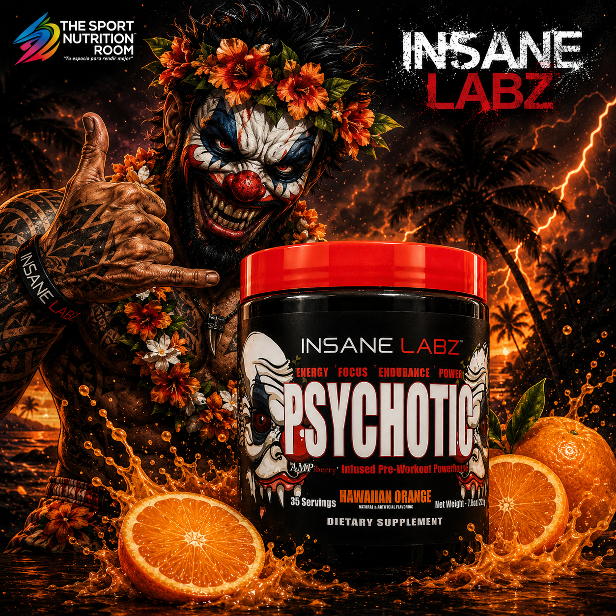 Pre-Entreno Insane Labz Psychotic - Sabor Hawaiian Orange / Naranja Hawaiana (35 Porciones)