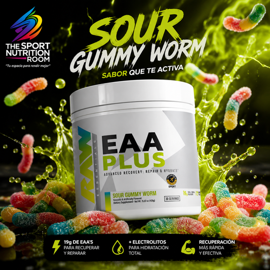 Aminoácidos Esenciales RAW Nutrition EAA PLUS + Electrólitos - Sabor Sour Gummy Worm (30 Porciones)