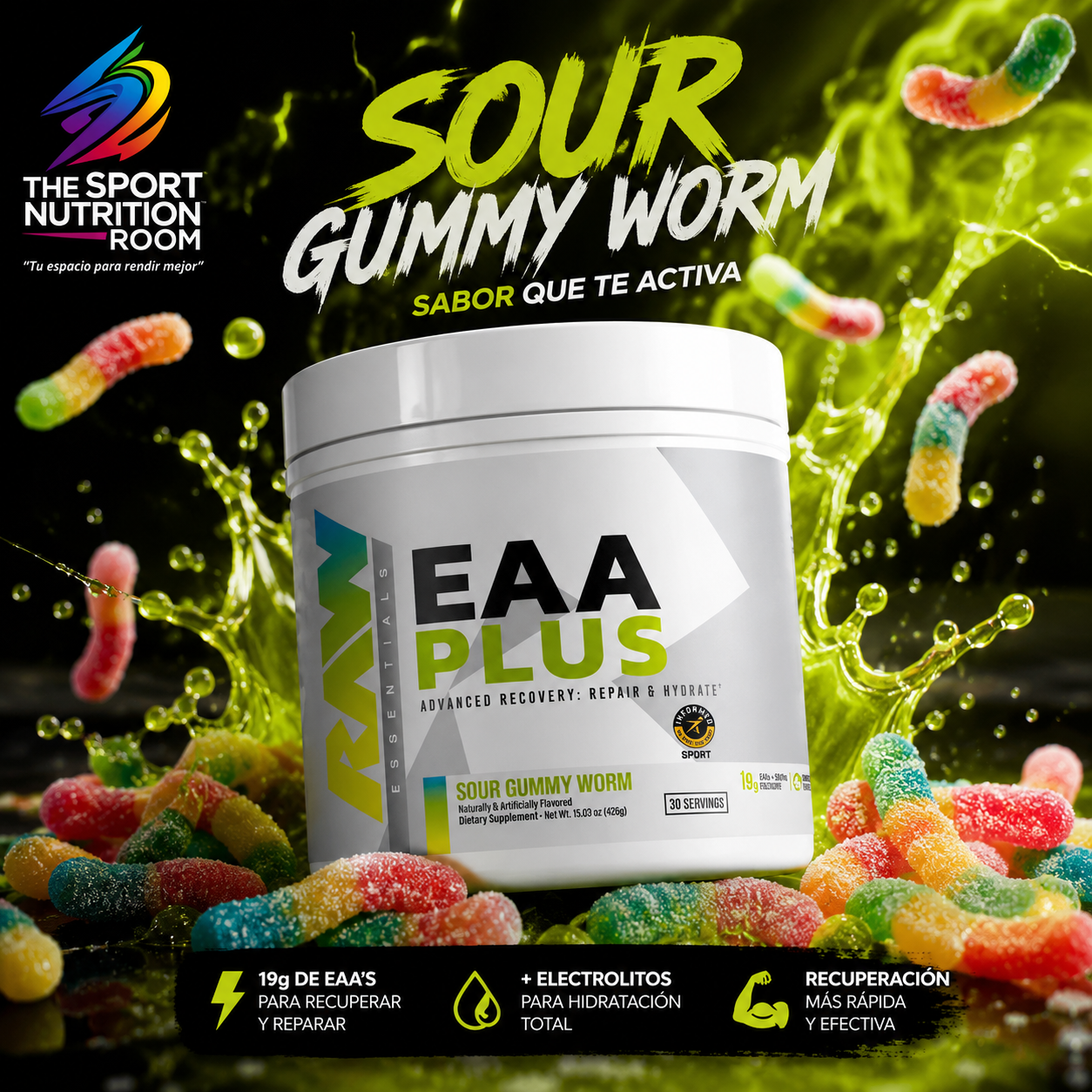 Aminoácidos Esenciales RAW Nutrition EAA PLUS + Electrólitos - Sabor Sour Gummy Worm (30 Porciones)