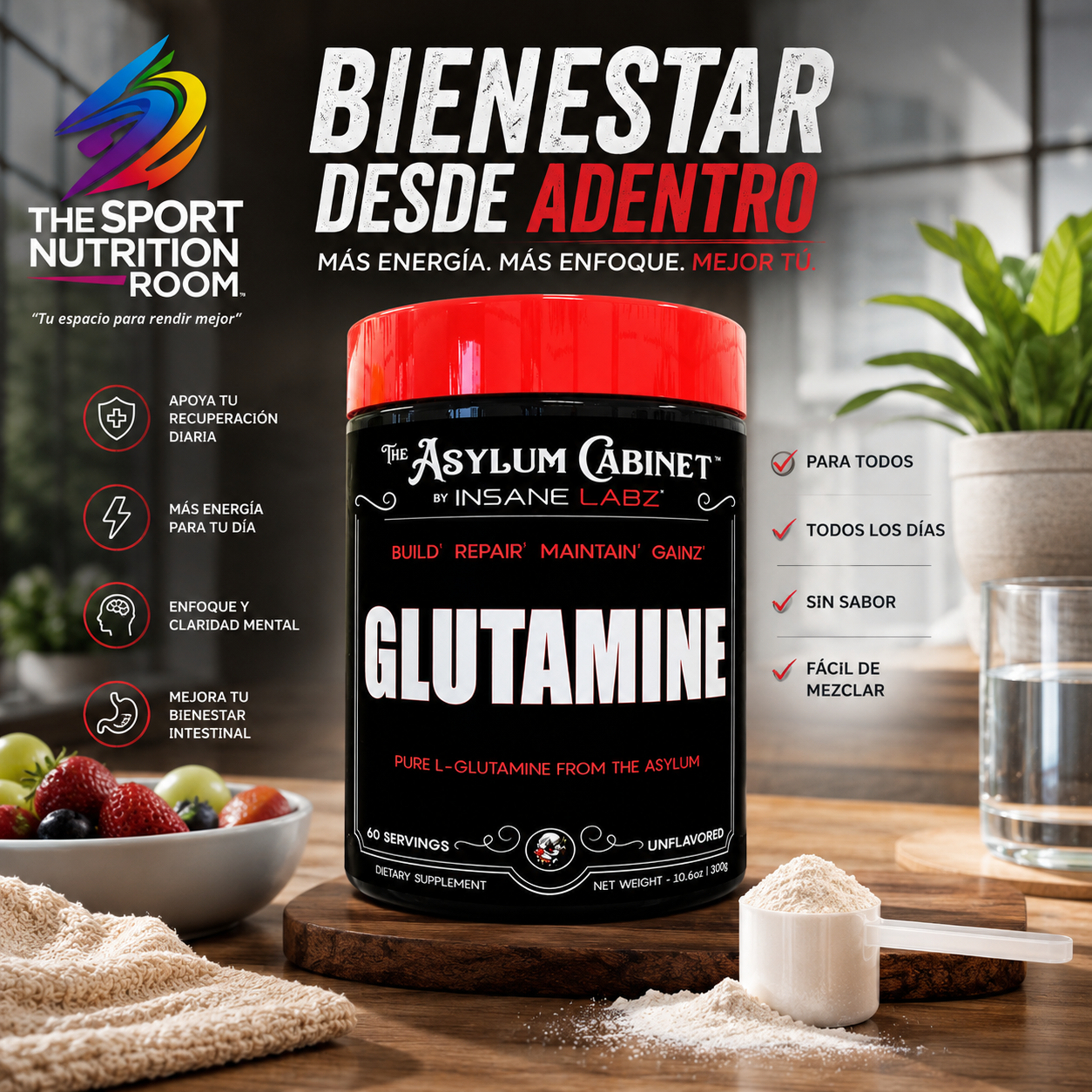 L-Glutamina Pura Insane Labz The Asylum Cabinet - Sin Sabor (60 Porciones / 300g)