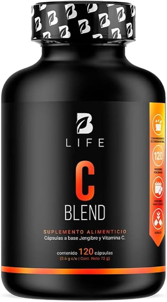 B Life Vitamina C y Raíz de Jengibre de 120 Cápsulas 600 mg.