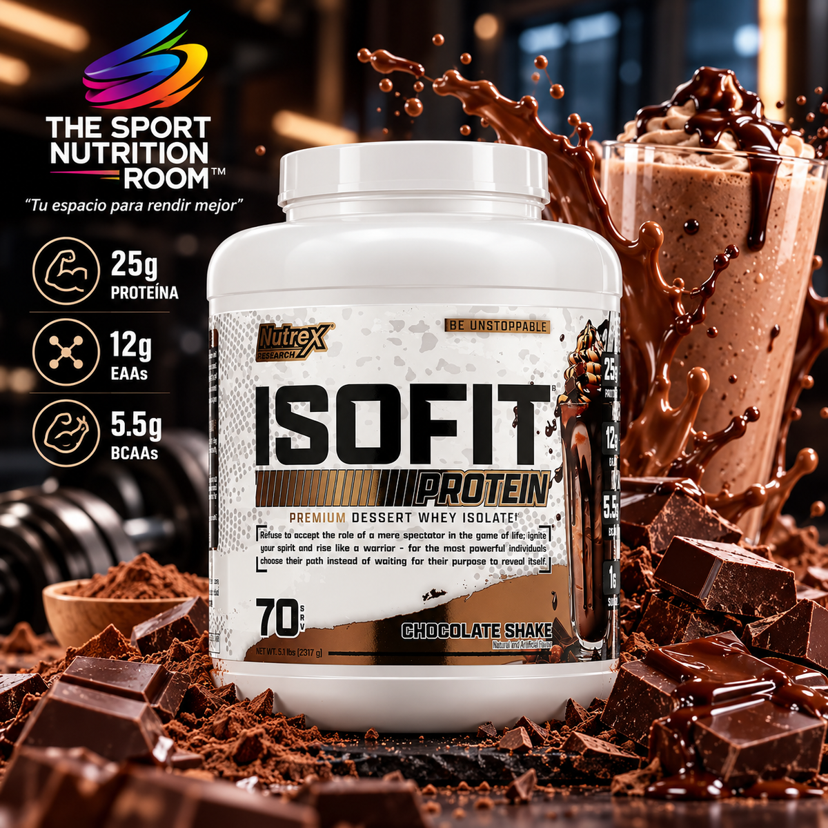 Nutrex Research - ISOFIT Premium Dessert Whey Isolate (70 Servicios / 5.1 lbs - 2317 g) – Sabor Chocolate Shake