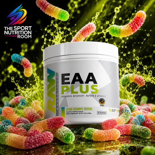 Aminoácidos Esenciales RAW Nutrition EAA PLUS + Electrólitos - Sabor Sour Gummy Worm (30 Porciones)