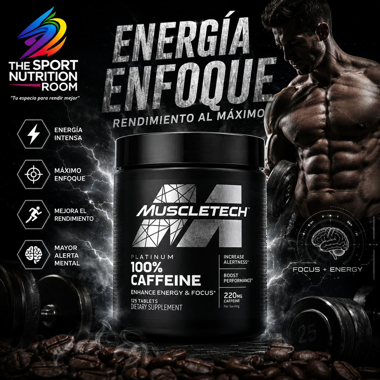 Cafeína Anhidra Pura MuscleTech Platinum 100% Caffeine - 220 mg (125 Tabletas)