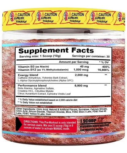 Maniac Extreme Pre-Workout (50 Ephedra) – Terror Labz (30 Servicios) Sandía