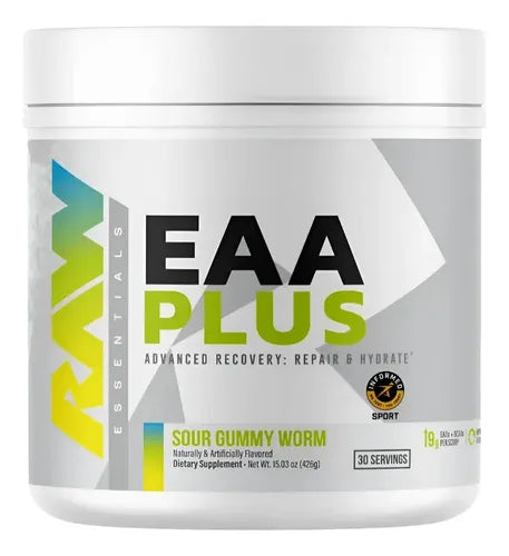 Aminoácidos Esenciales RAW Nutrition EAA PLUS + Electrólitos - Sabor Sour Gummy Worm (30 Porciones)