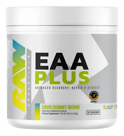 Aminoácidos Esenciales RAW Nutrition EAA PLUS + Electrólitos - Sabor Sour Gummy Worm (30 Porciones)