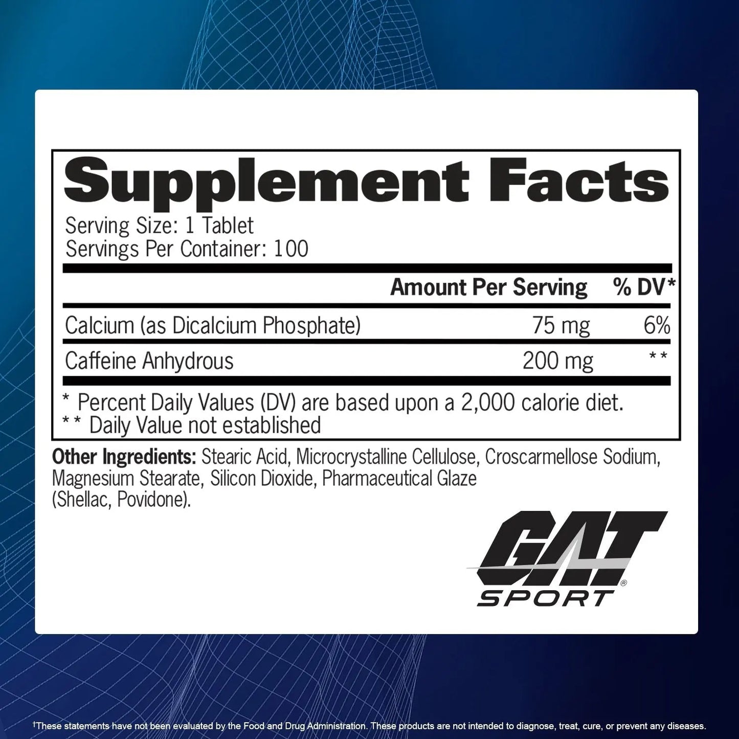Gat Sport Caffeine 200mg 100 Tabletas Cafeina Pura